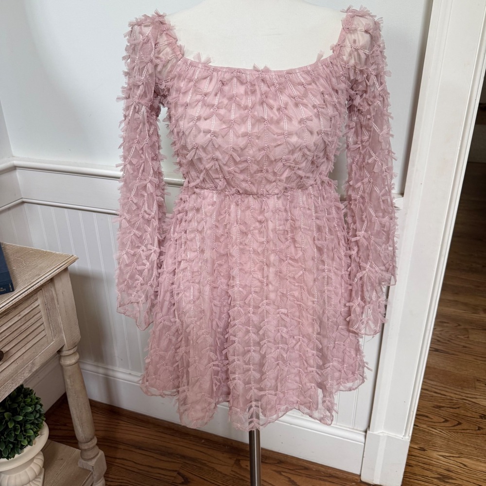 NWT Peach Love California Pink Tiny Ribbon Mesh Off Shoulder Mini Dress Small